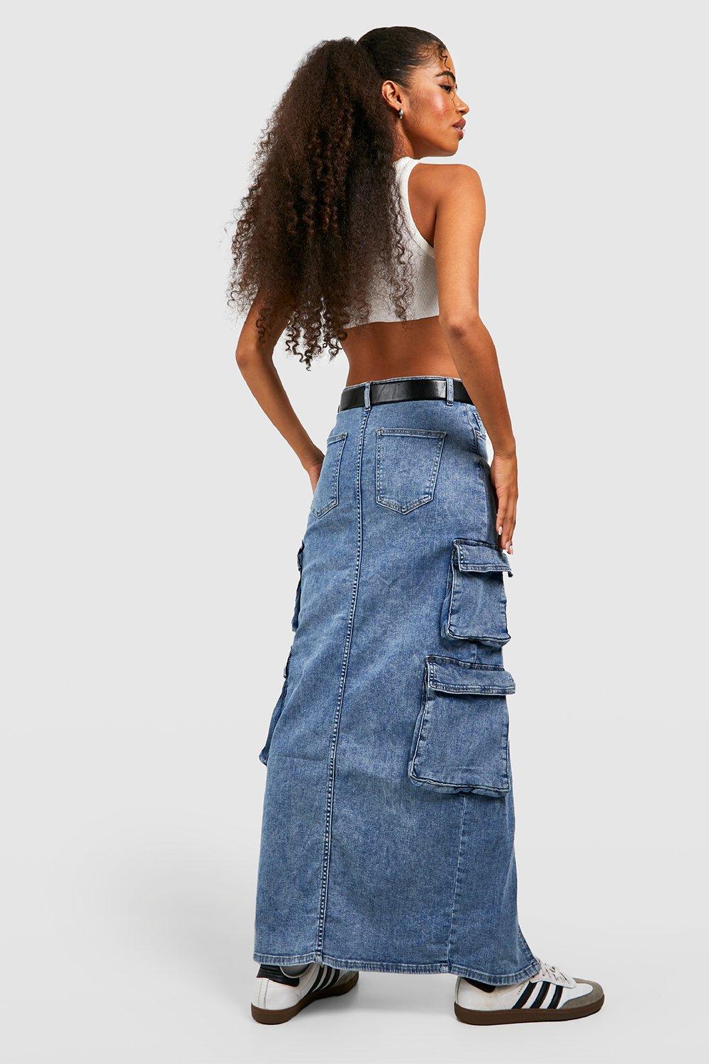 Cargo Pocket Split Front Denim Maxi Skirt boohoo